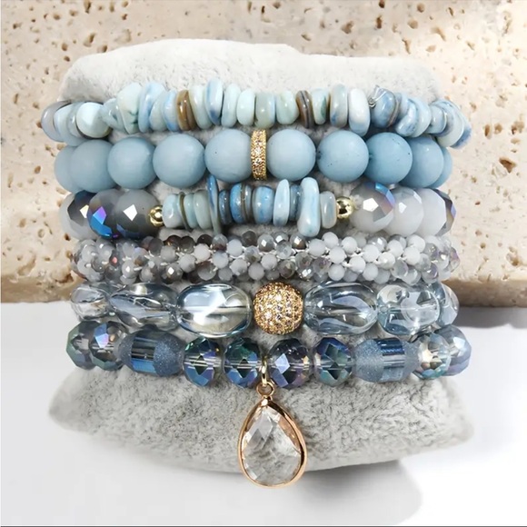 Bohemian Blue Beaded Multi-Layered Bracelet Set - Crystal Teardrop Charm - Picture 5 of 6